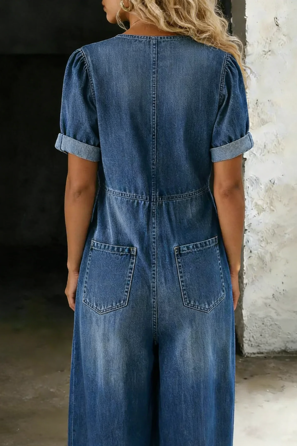 Faelina - Tie Front Denim Wide Leg Jumpsuit