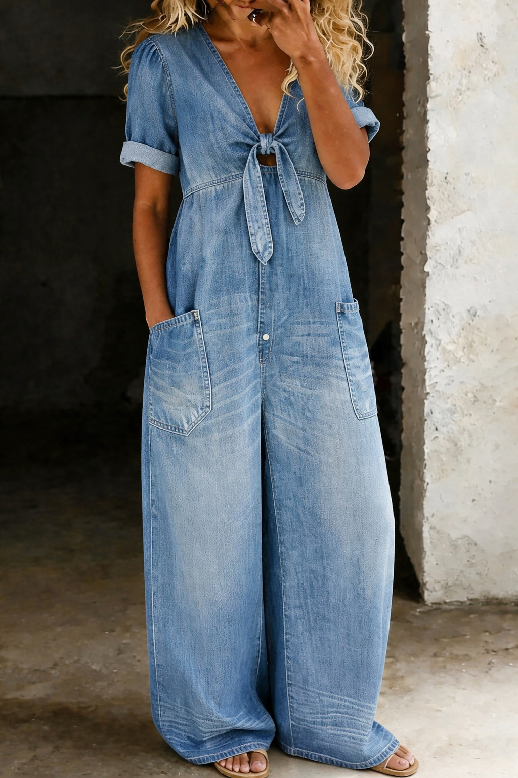 Faelina - Tie Front Denim Wide Leg Jumpsuit