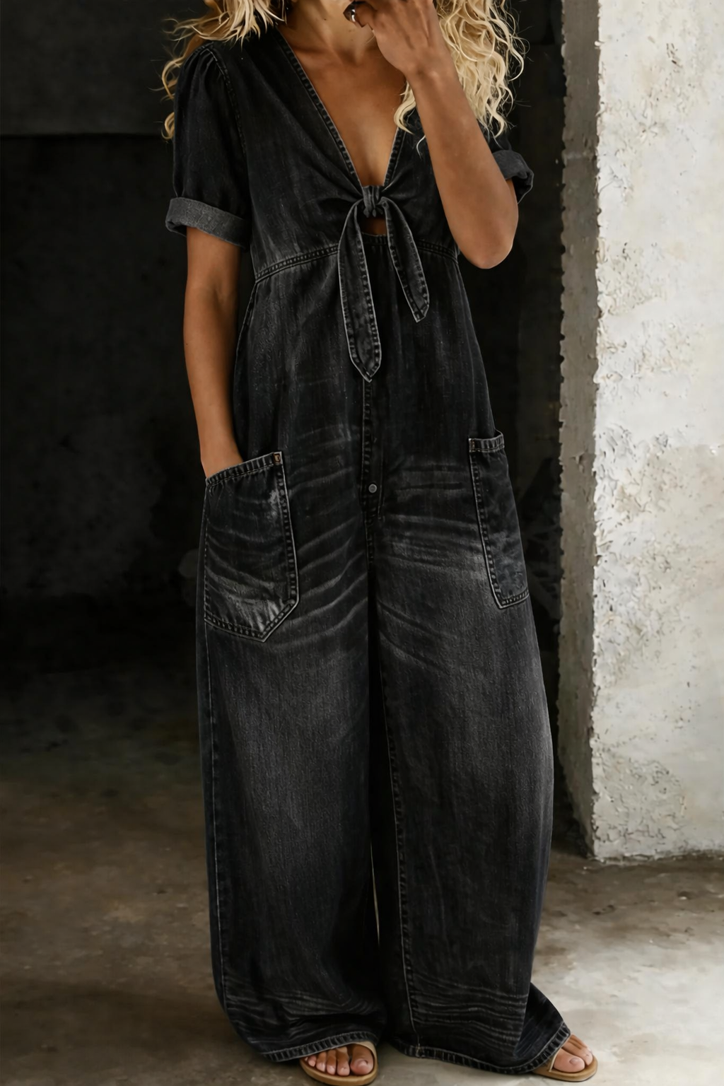 Faelina - Tie Front Denim Wide Leg Jumpsuit