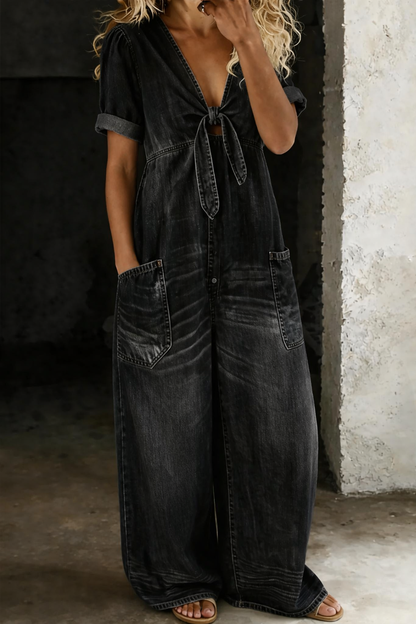 Faelina - Tie Front Denim Wide Leg Jumpsuit