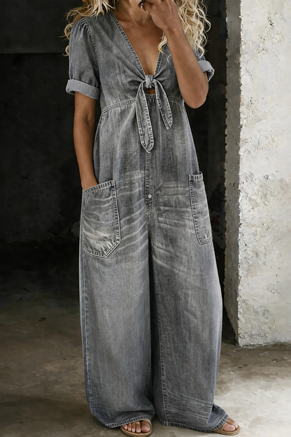 Faelina - Tie Front Denim Wide Leg Jumpsuit