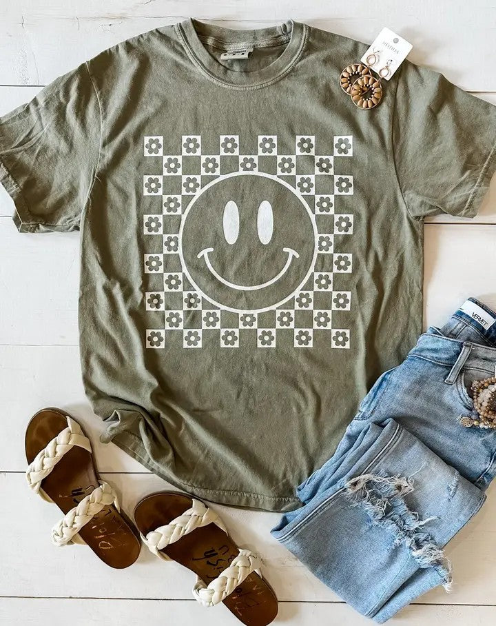 Comfort Colors Checker Flower Smiley Tee
