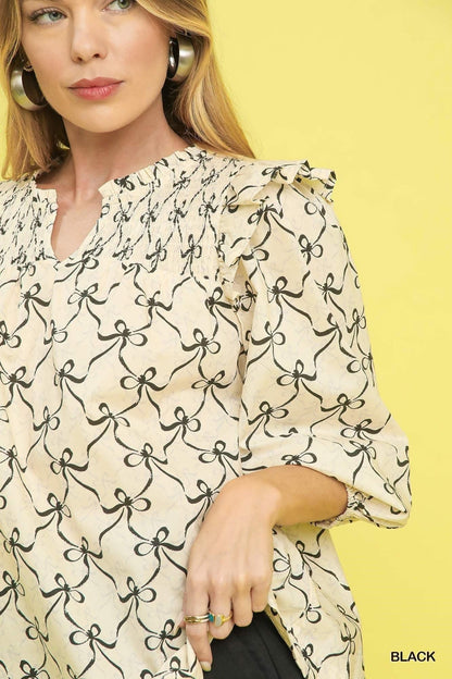 UMGEE Black & Cream Bow Quarter Sleeve Top