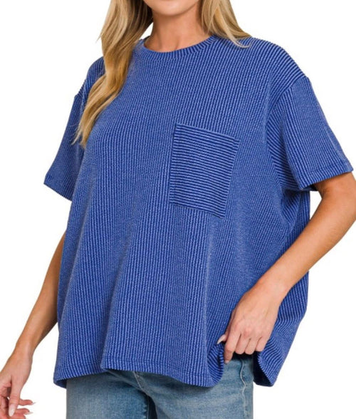 Corded Ribbed Knit Pocket Top Blue