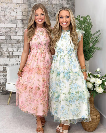 Blue Floral Ruffle Chiffon Dress