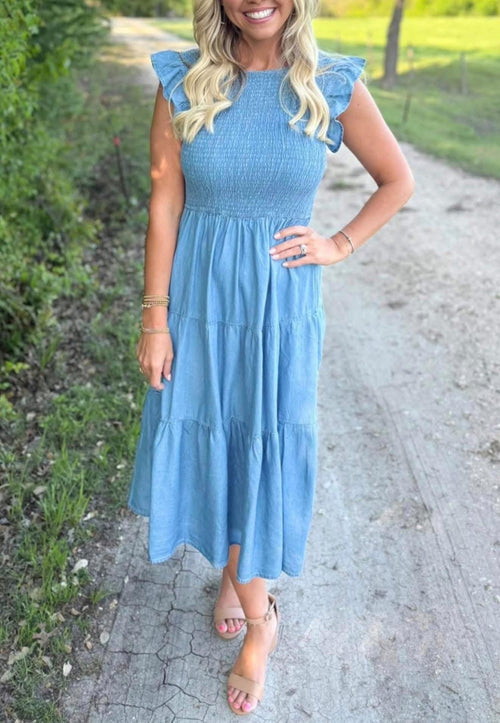 Denim Blue Chambray Ruffle Dress