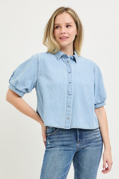 RISEN Denim Puff Sleeve Button Down Shirt
