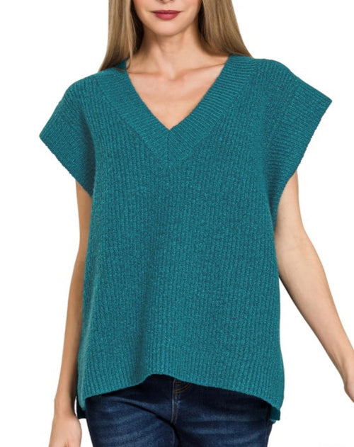 V Neck Boxy Sweater Vest Teal