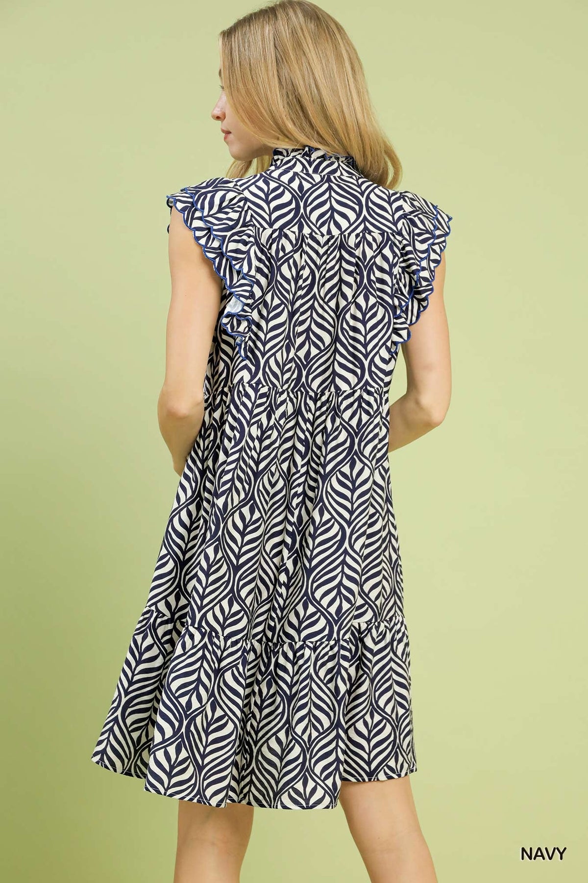 UMGEE Leaf Print Ruffle Shift Dress Navy