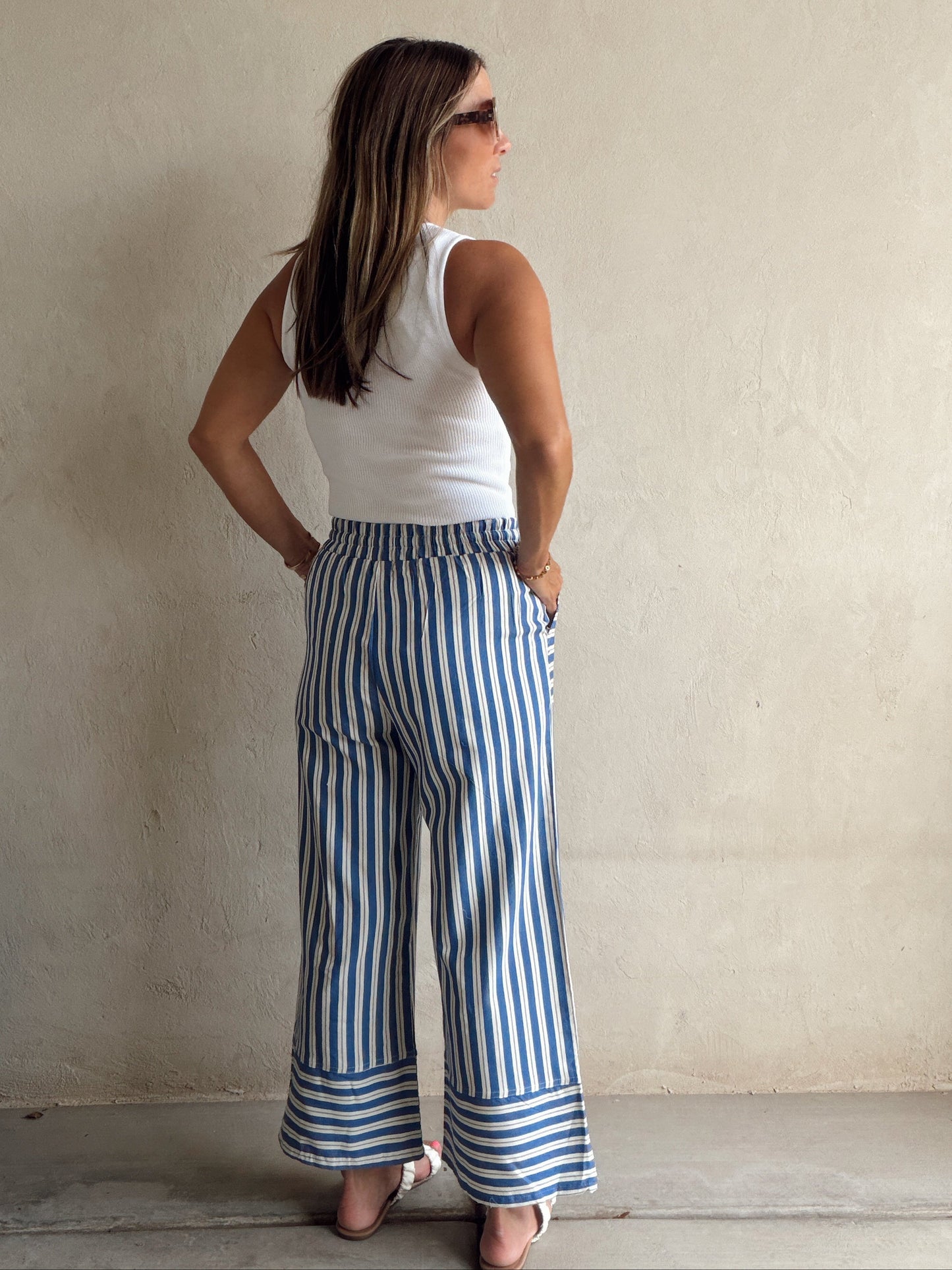 Woven Wide Leg Stripe Pant Blue