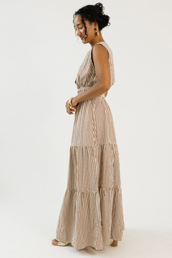 Mocha Gingham Checkered Maxi Dress
