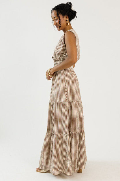 Mocha Gingham Checkered Maxi Dress
