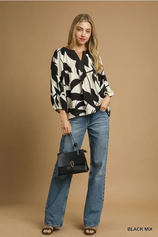 UMGEE Leaf Print Top Black Mix