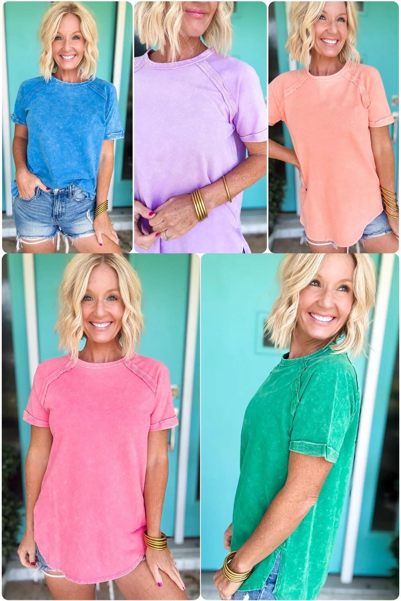 Curved Hem Acid Wash Tee Hot Pink