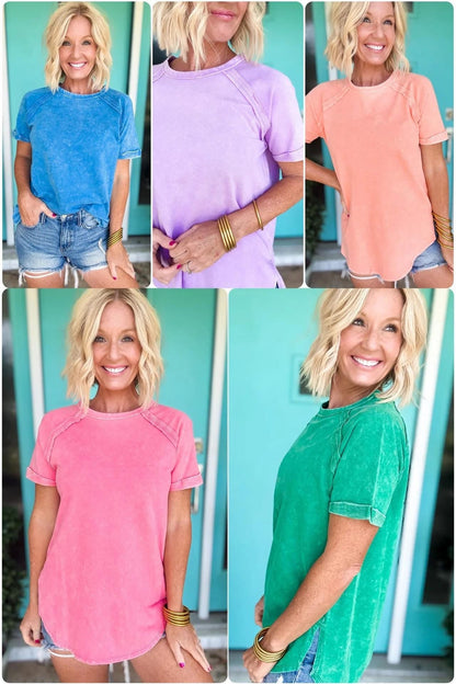 Curved Hem Acid Wash Tee Hot Pink