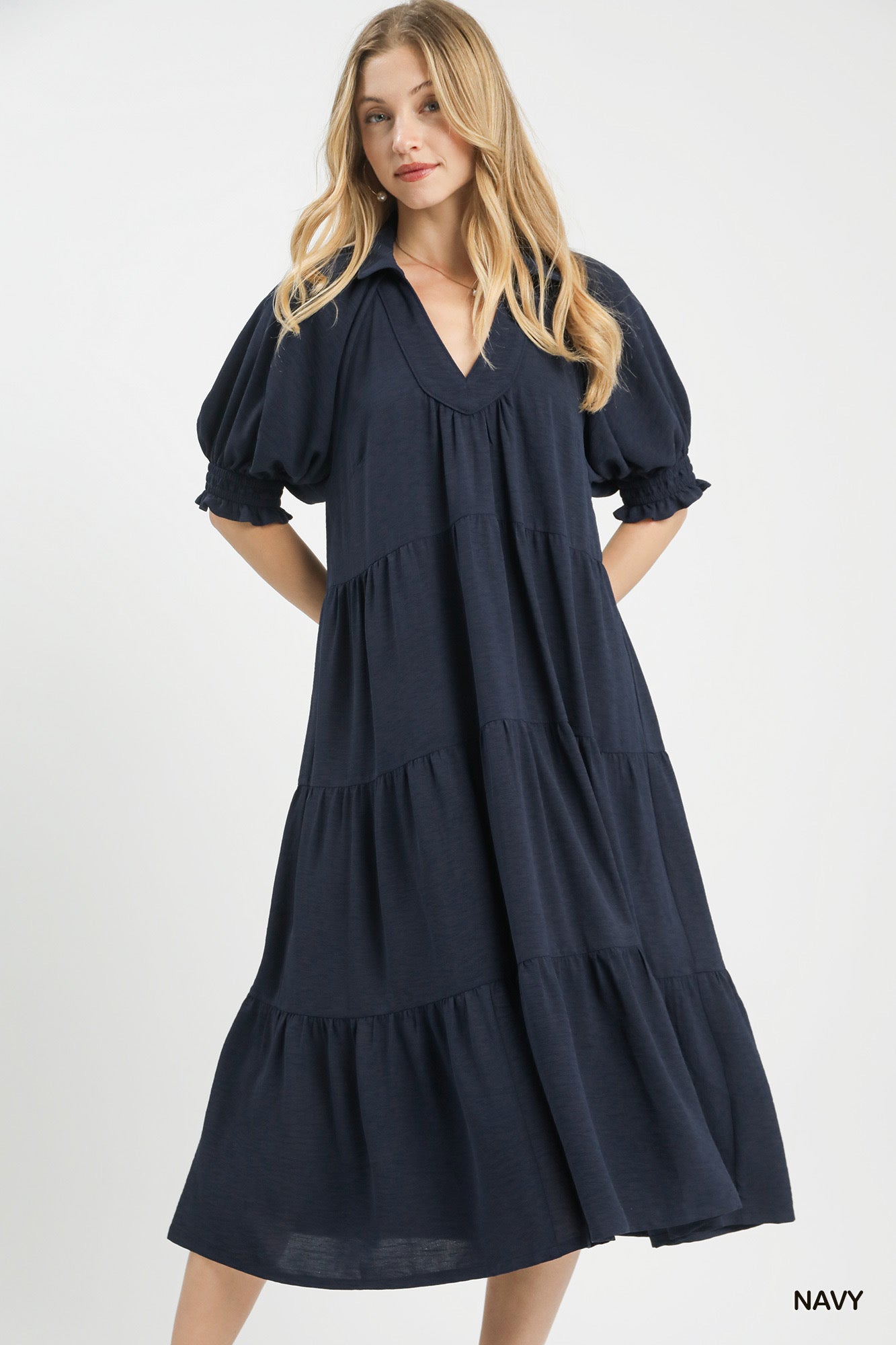 UMGEE Solid Tiered Midi Dress Navy