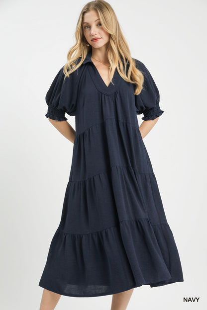 UMGEE Solid Tiered Midi Dress Navy