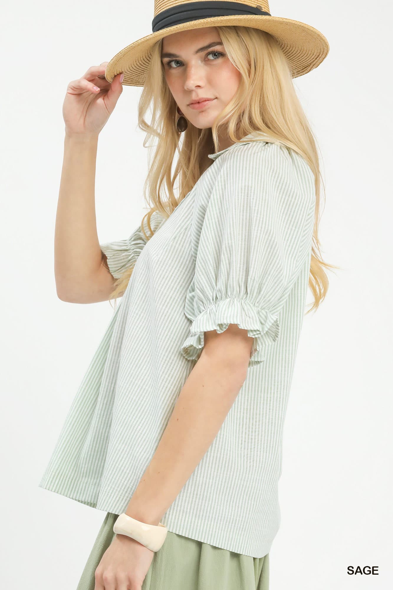UMGEE Pinstripe Ruffle Sleeve Top Sage
