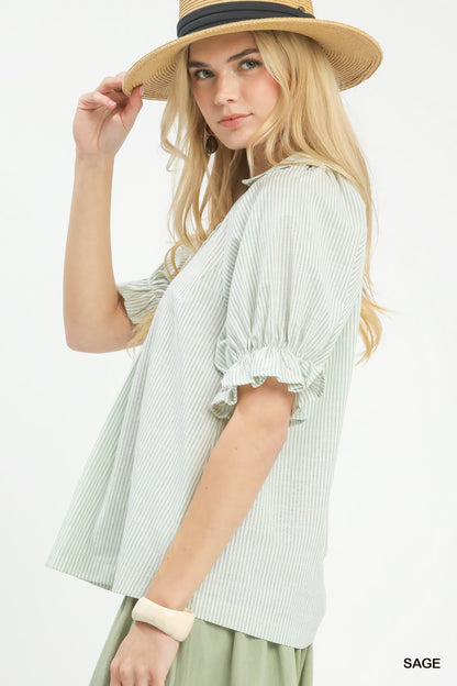 UMGEE Pinstripe Ruffle Sleeve Top Sage