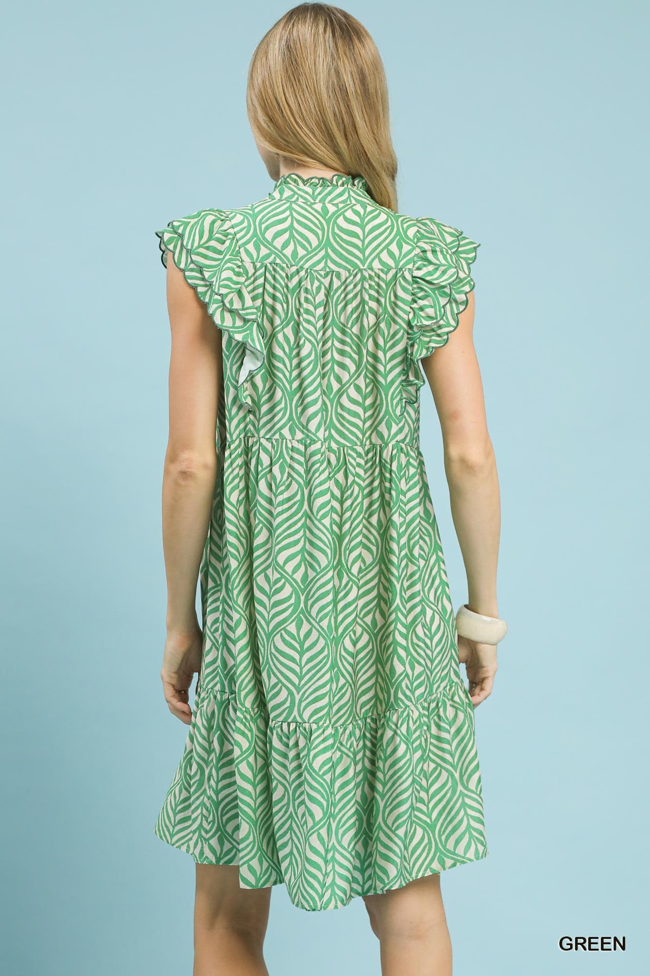 UMGEE Leaf Print Ruffle Shift Dress Green