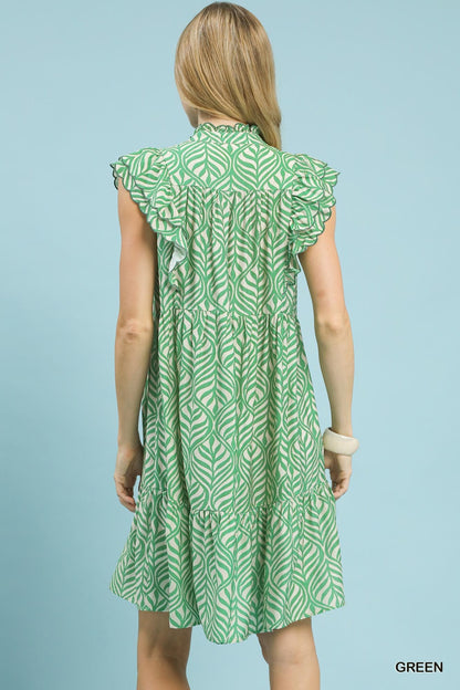 UMGEE Leaf Print Ruffle Shift Dress Green