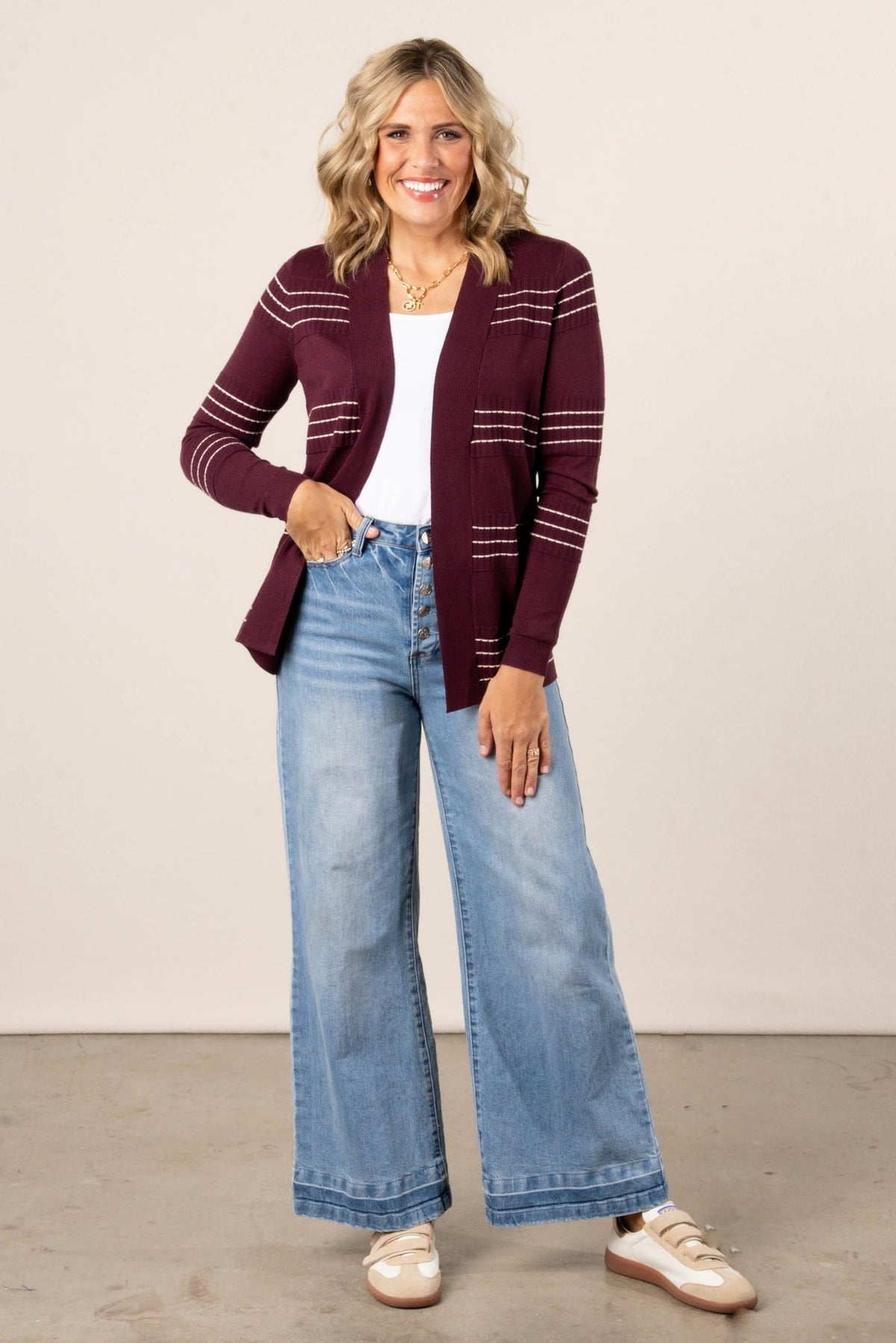 Stitch Stripe Cardigan Plum