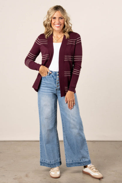 Stitch Stripe Cardigan Plum