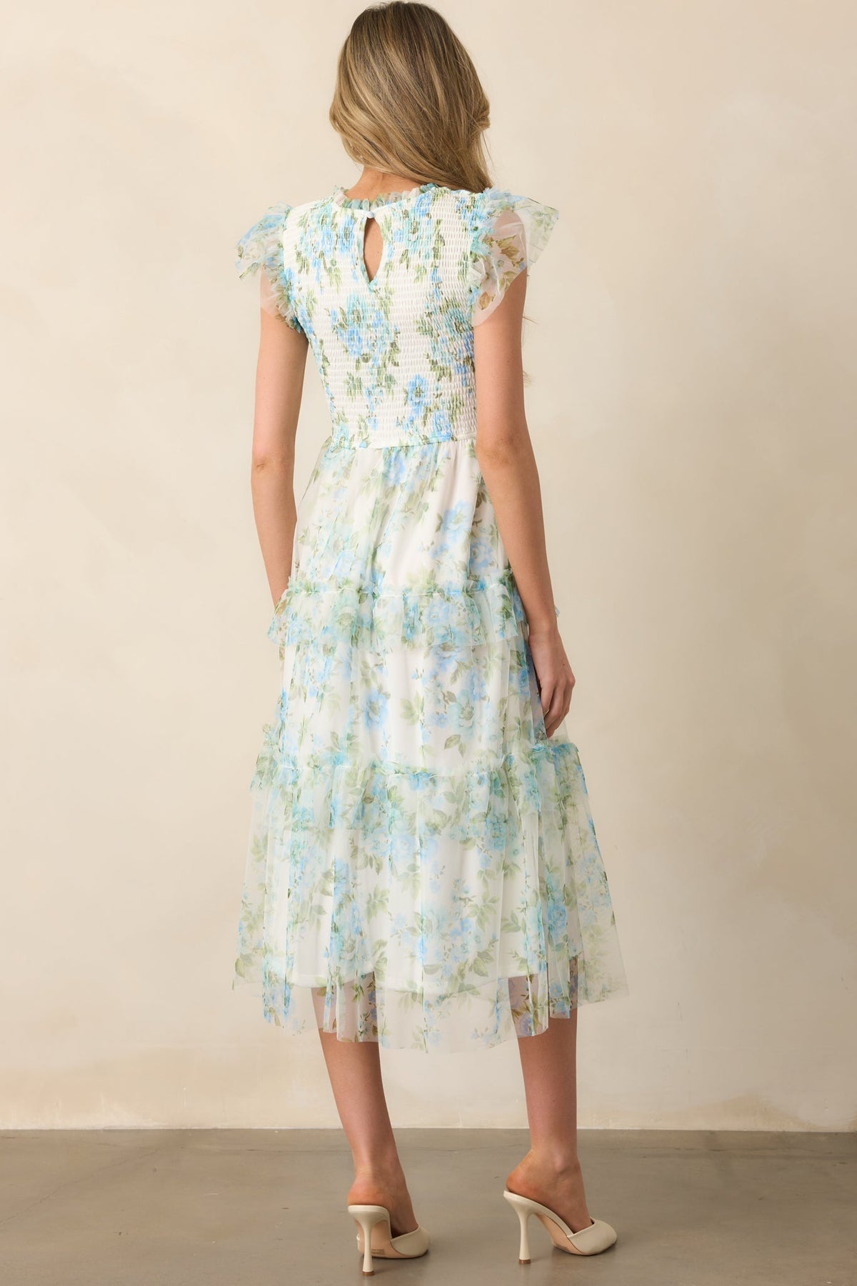 Blue Floral Ruffle Chiffon Dress