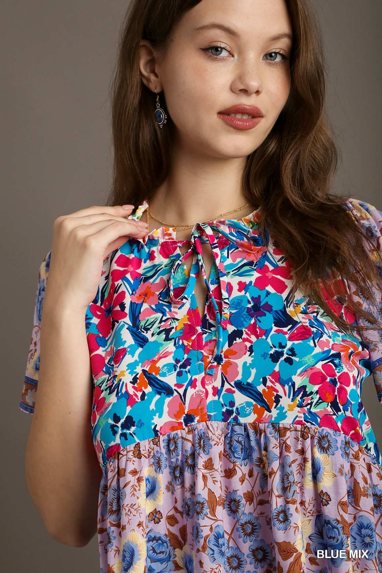 UMGEE Blue Mix Printed Smocked Shoulder Top