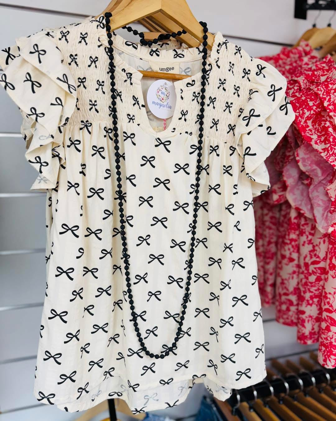 UMGEE Cream & Black Ribbon Bows Top