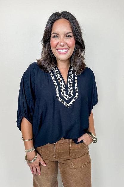 Black Leopard Trim Top