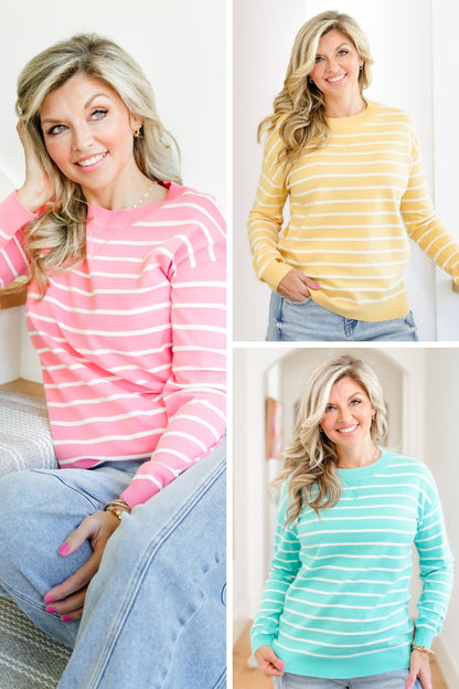 Stripe Crew Neck Sweater Top Yellow