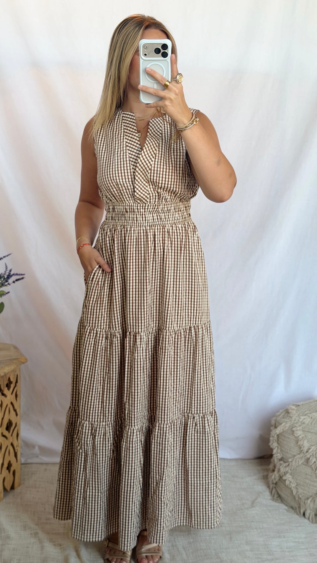 Mocha Gingham Checkered Maxi Dress
