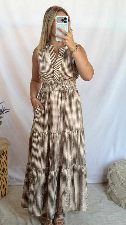Mocha Gingham Checkered Maxi Dress
