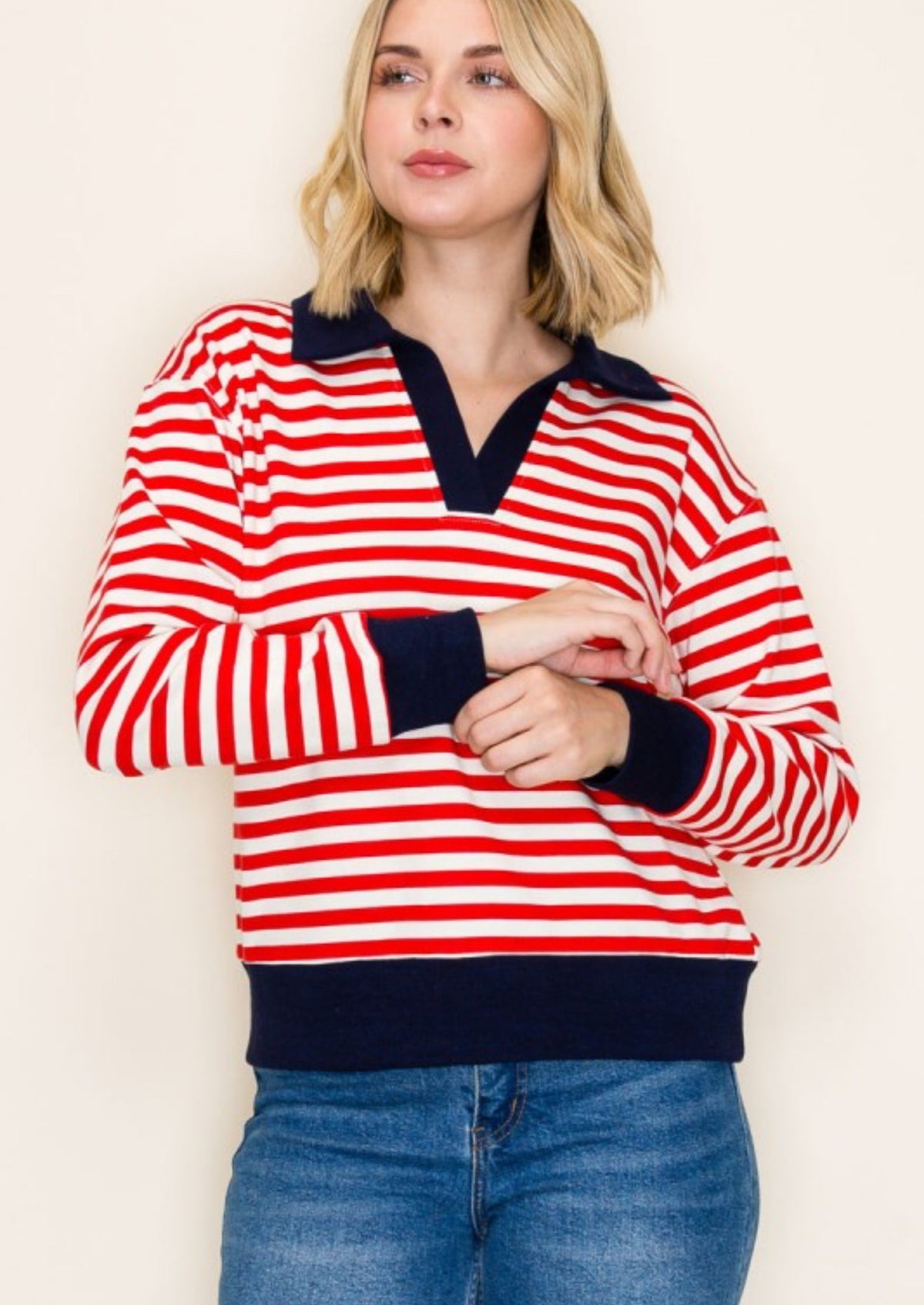 Stripe Contrast Collar Top Red Navy