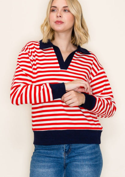 Stripe Contrast Collar Top Red Navy