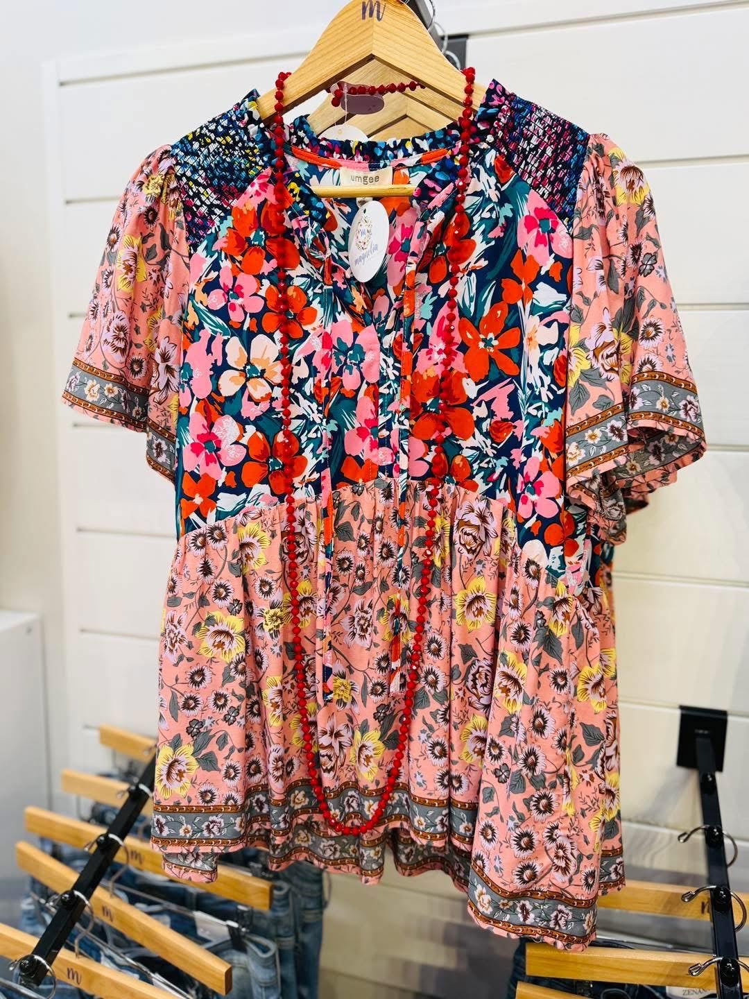 UMGEE Navy Mix Printed Smocked Shoulder Top
