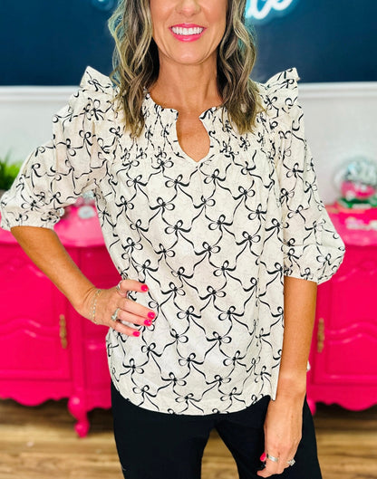 UMGEE Black & Cream Bow Quarter Sleeve Top