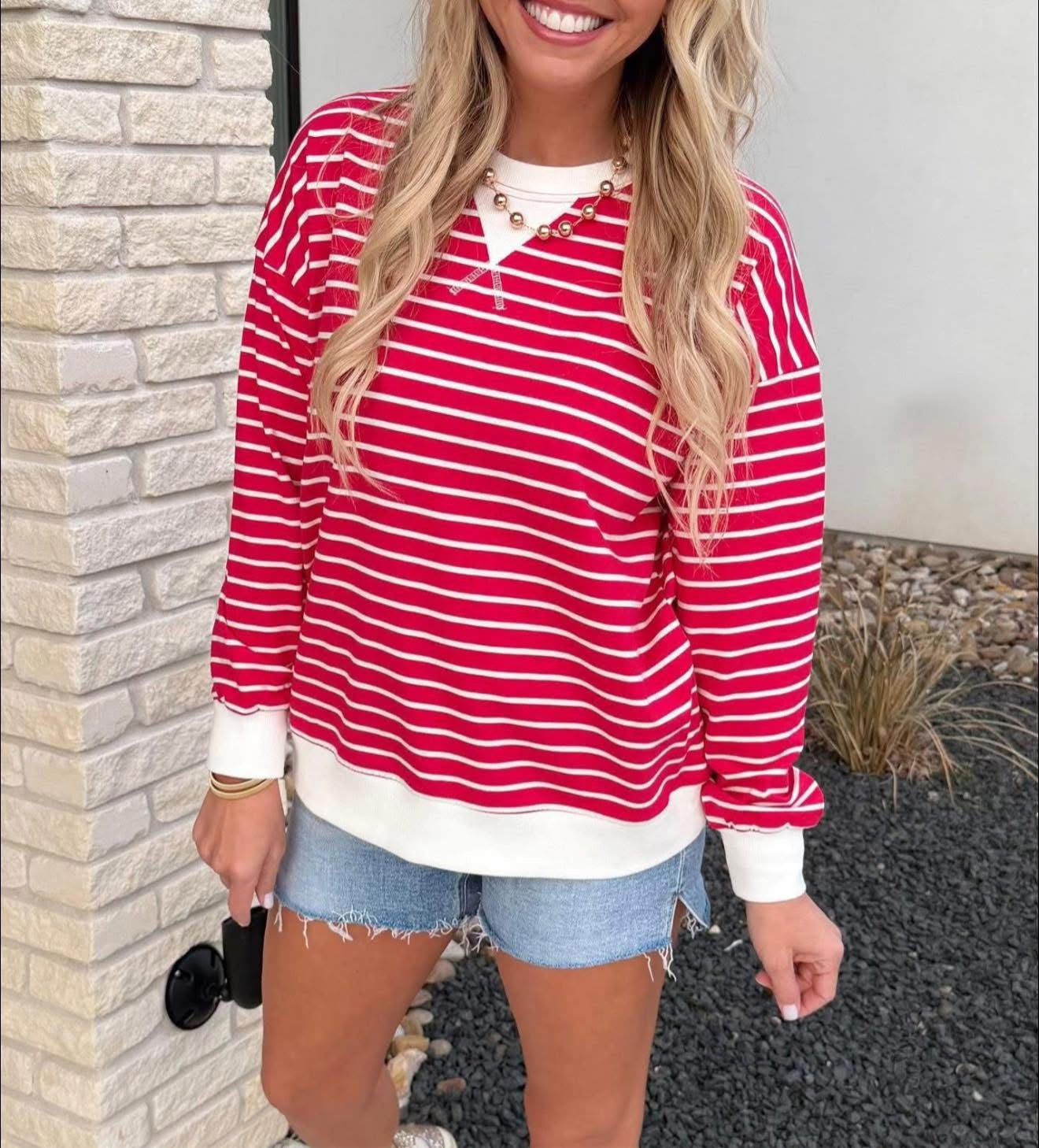 Red White Stripe Pullover Top