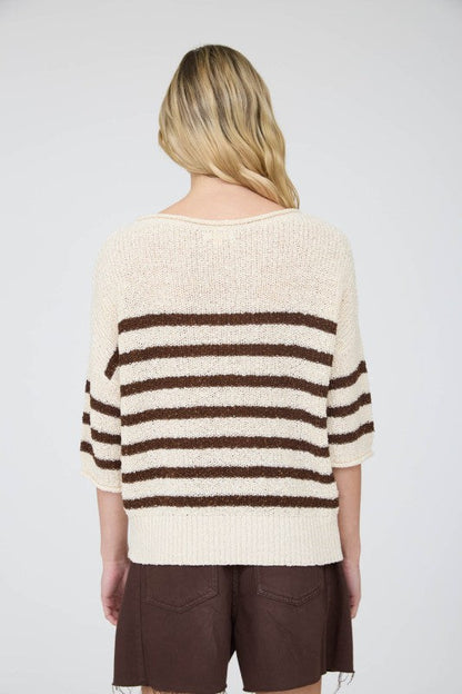 Stripe Knit Half Sleeve Sweater Chocolate