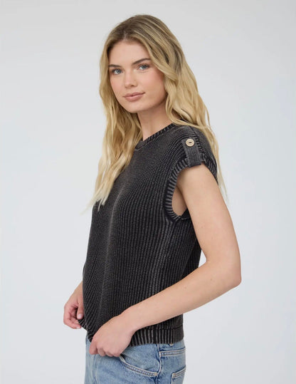 Mineral Washed Button Sweater Top Black