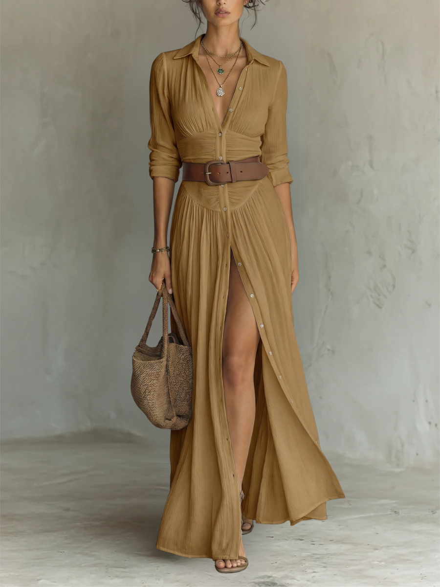 Yarae - Button Down Pleated Maxi Dress Casual Fit
