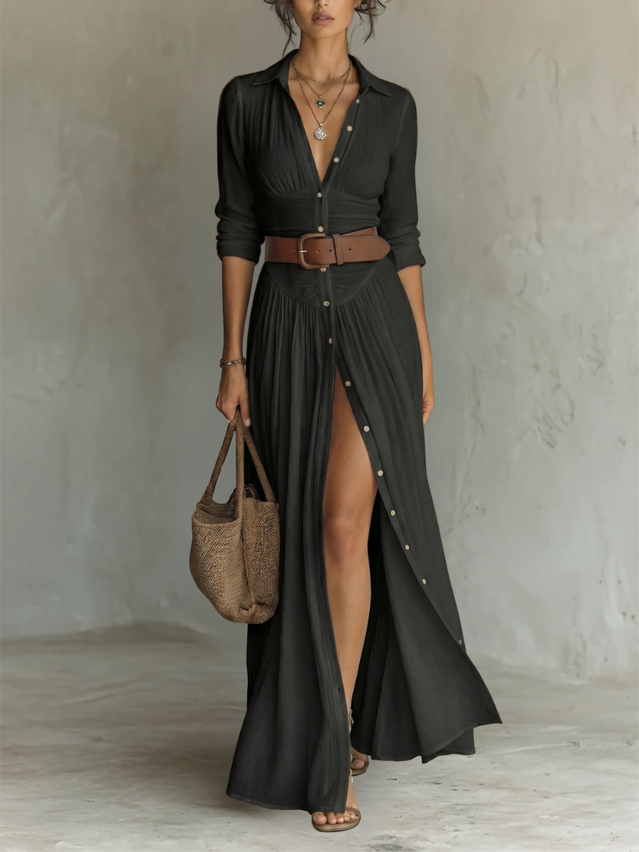 Yarae - Button Down Pleated Maxi Dress Casual Fit