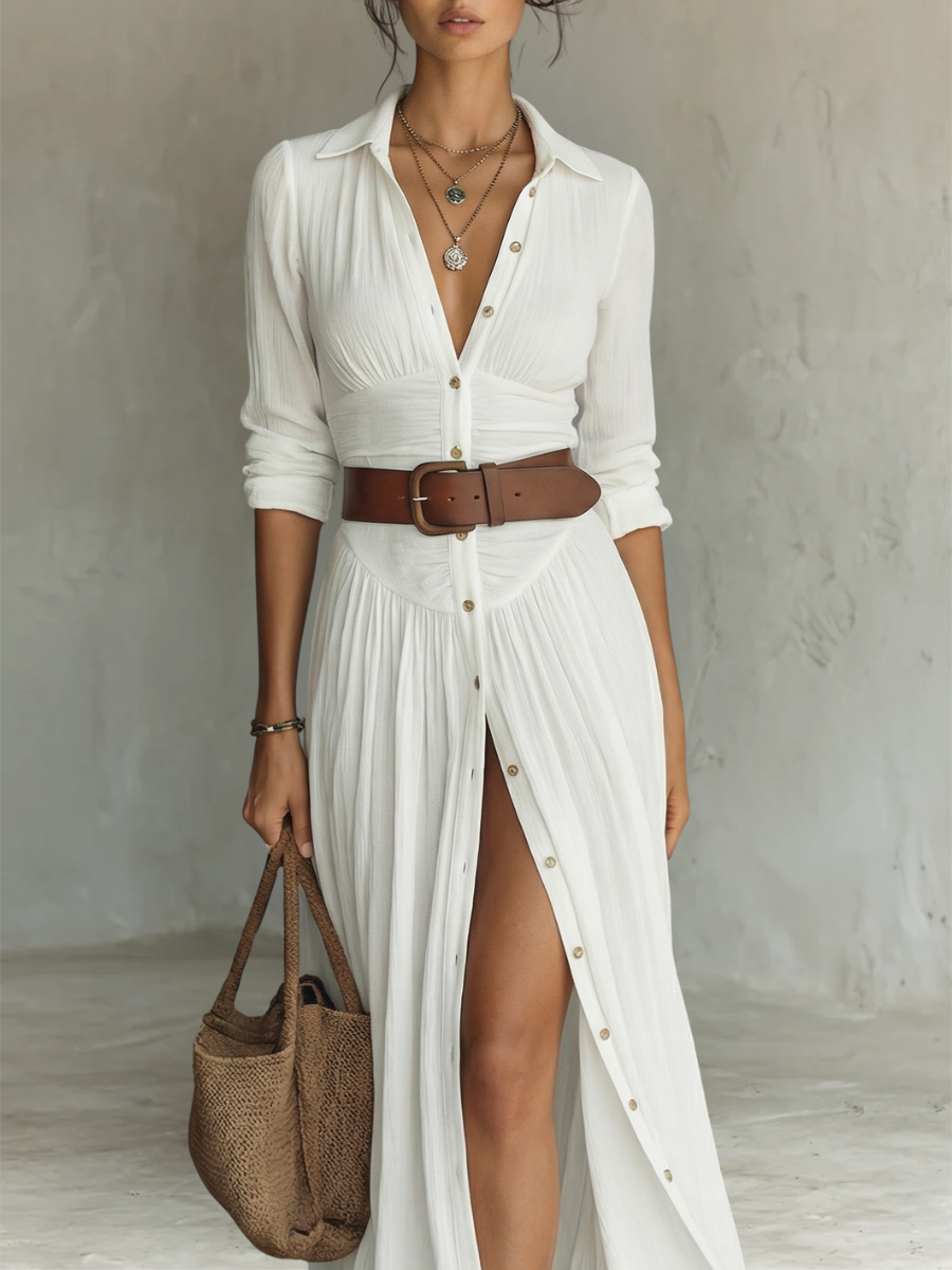 Yarae - Button Down Pleated Maxi Dress Casual Fit