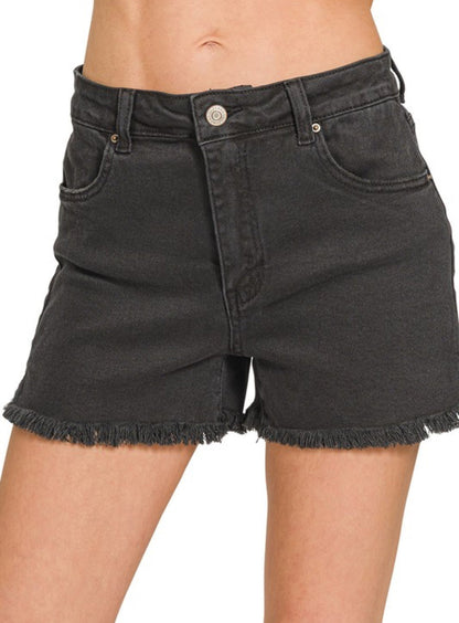 Zenana Acid Wash Frayed Hem Shorts Black