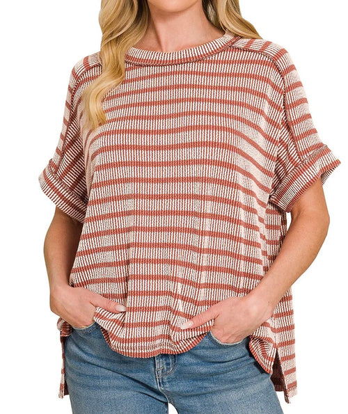Stripe Two Tone Textured Top Sunset
