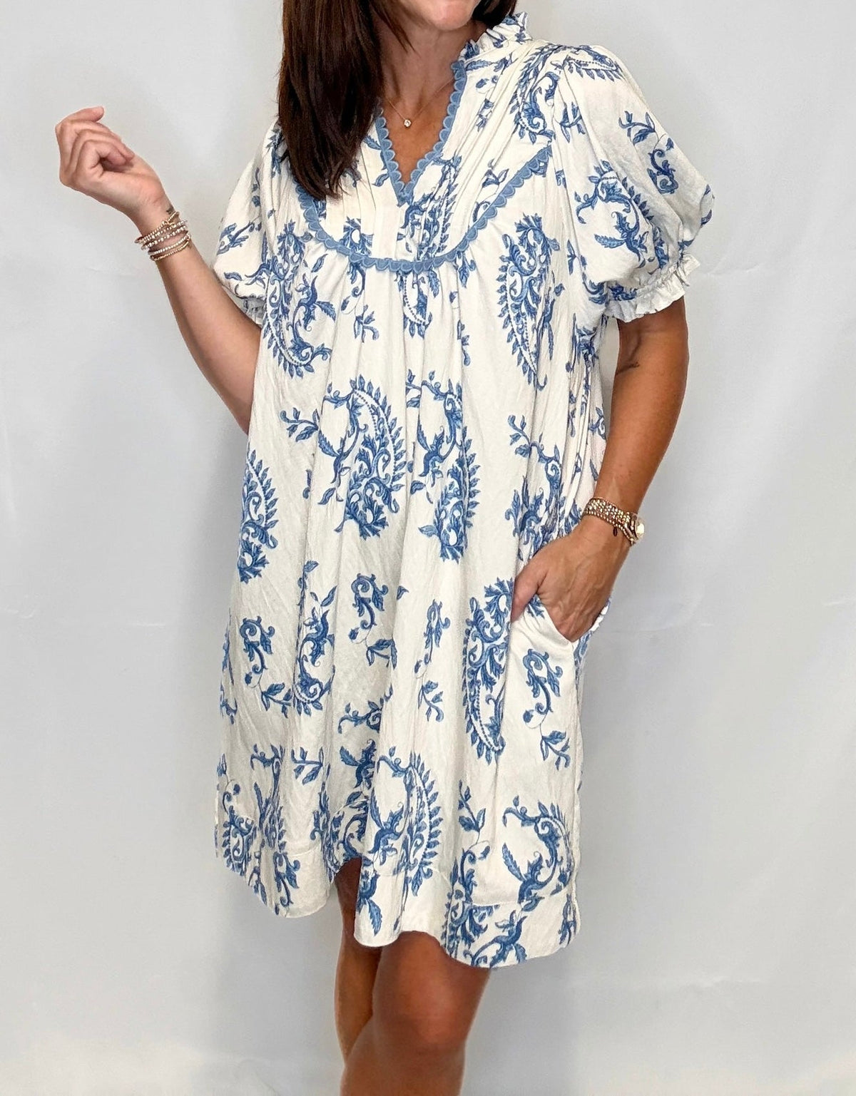 UMGEE Paisley Scallop Trim Dress Blue Mix
