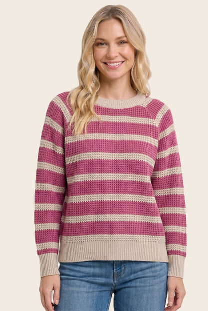 Waffle Knit Striped Sweater Deep Rose