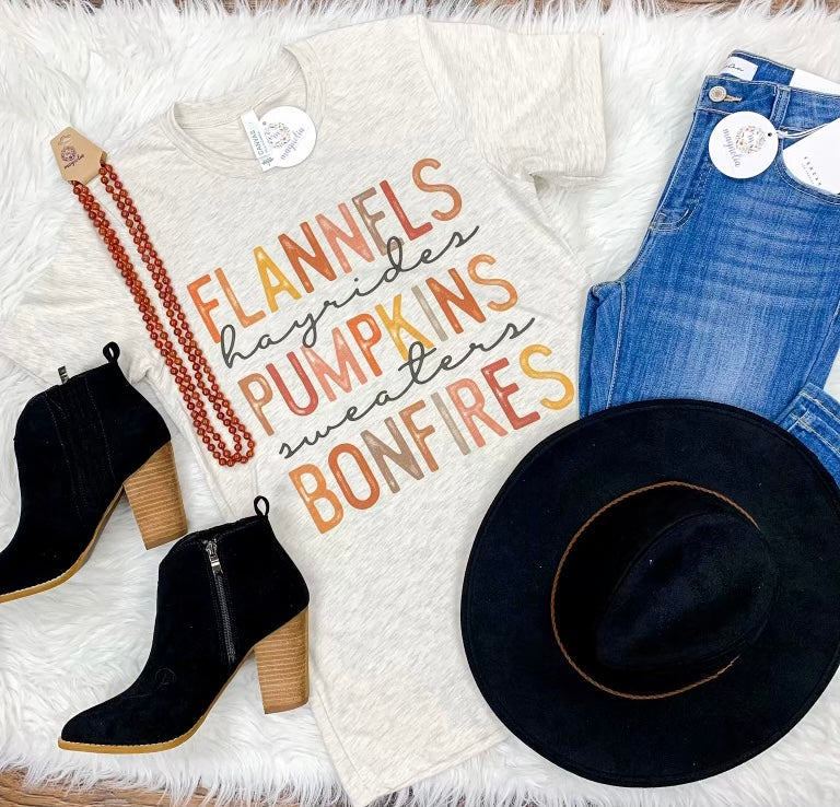 Flannels Hayrides Pumpkins Sweaters Bonfires Tee
