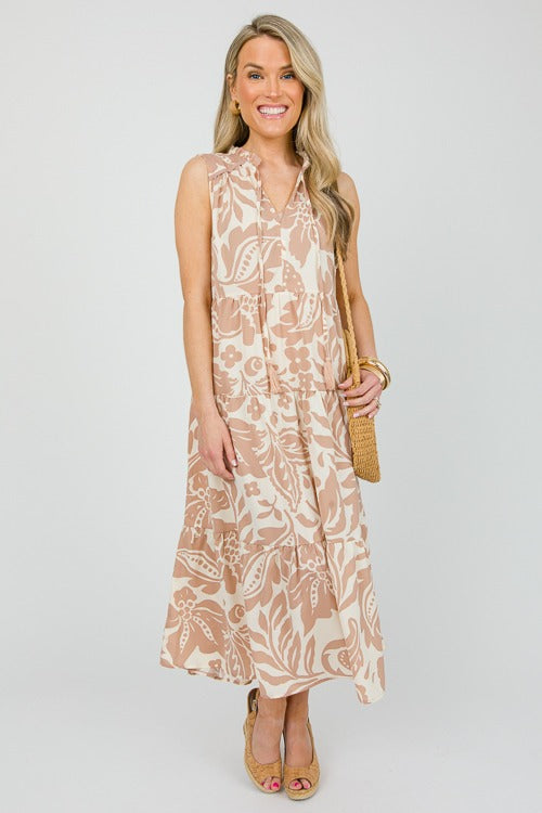 UMGEE Two Tone Floral Midi Dress Latte
